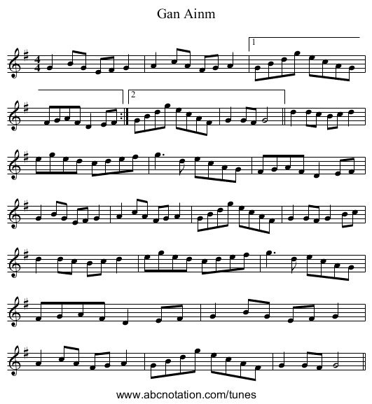 Gan Ainm - staff notation