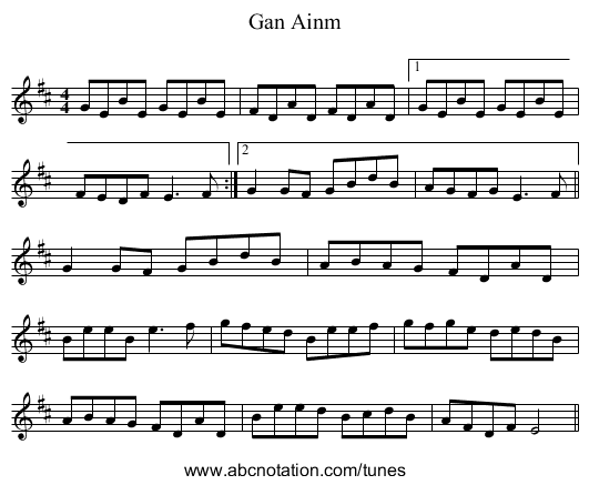 Gan Ainm - staff notation