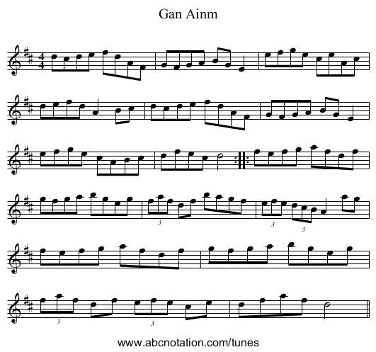 Gan Ainm - staff notation