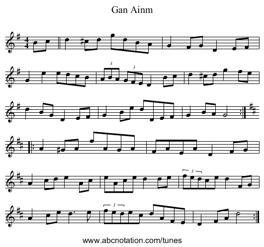 Gan Ainm - staff notation