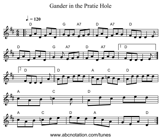 Gander in the Pratie Hole - staff notation