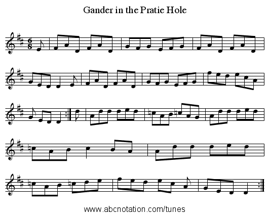Gander in the Pratie Hole - staff notation