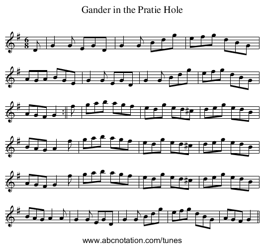 Gander in the Pratie Hole - staff notation
