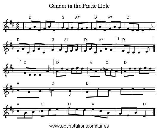 Gander in the Pratie Hole - staff notation