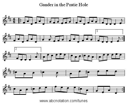 Gander in the Pratie Hole - staff notation
