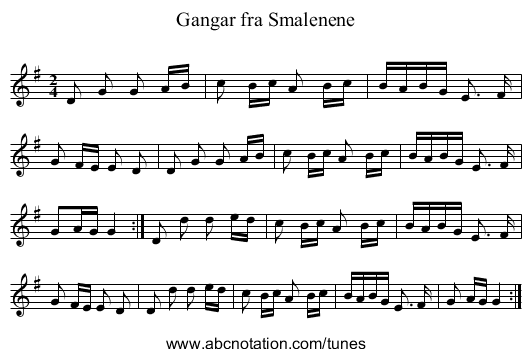 Gangar fra Smalenene - staff notation