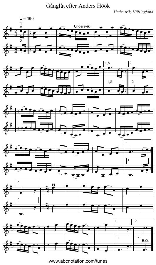 Gånglåt efter Anders Höök - staff notation