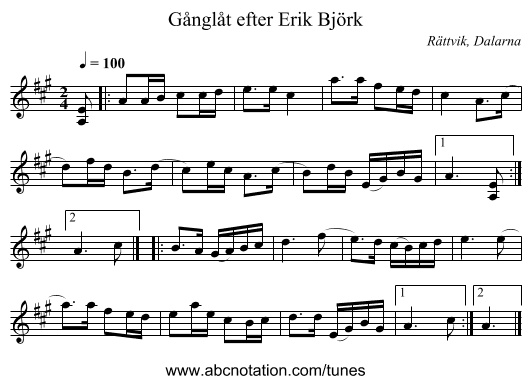 Gånglåt efter Erik Björk - staff notation