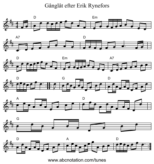G&aring;ngl&aring;t efter Erik Rynefors - staff notation