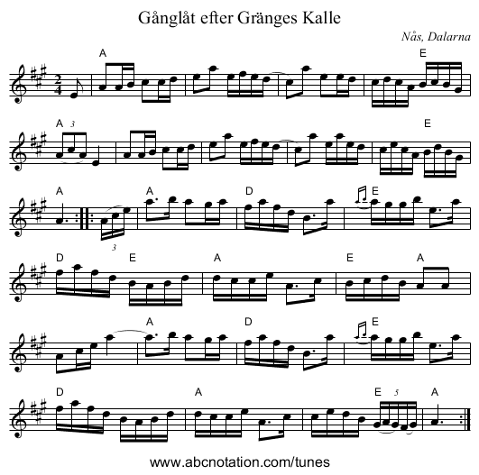 Gånglåt efter Gränges Kalle - staff notation