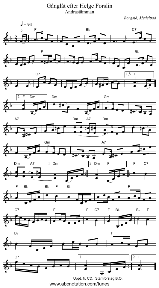 Gånglåt efter Helge Forslin - staff notation