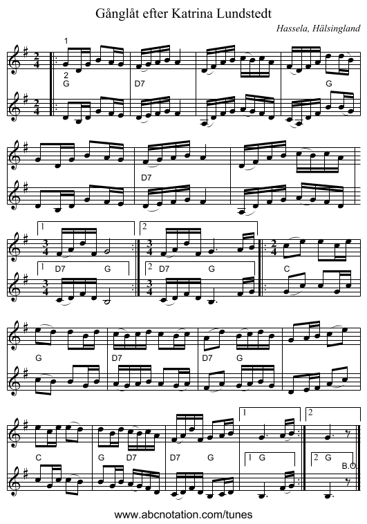 Gånglåt efter Katrina Lundstedt - staff notation