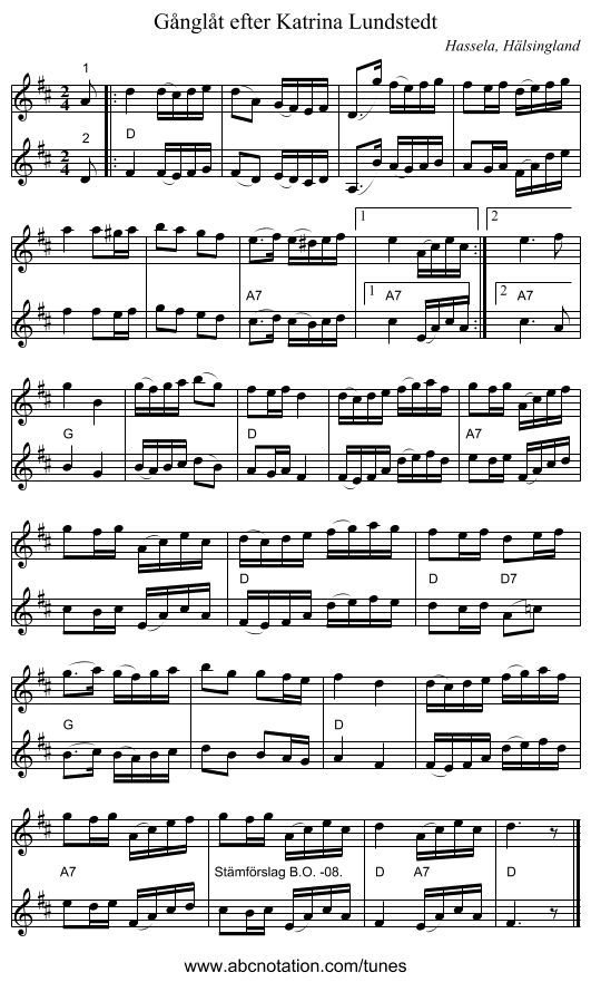 Gånglåt efter Katrina Lundstedt - staff notation