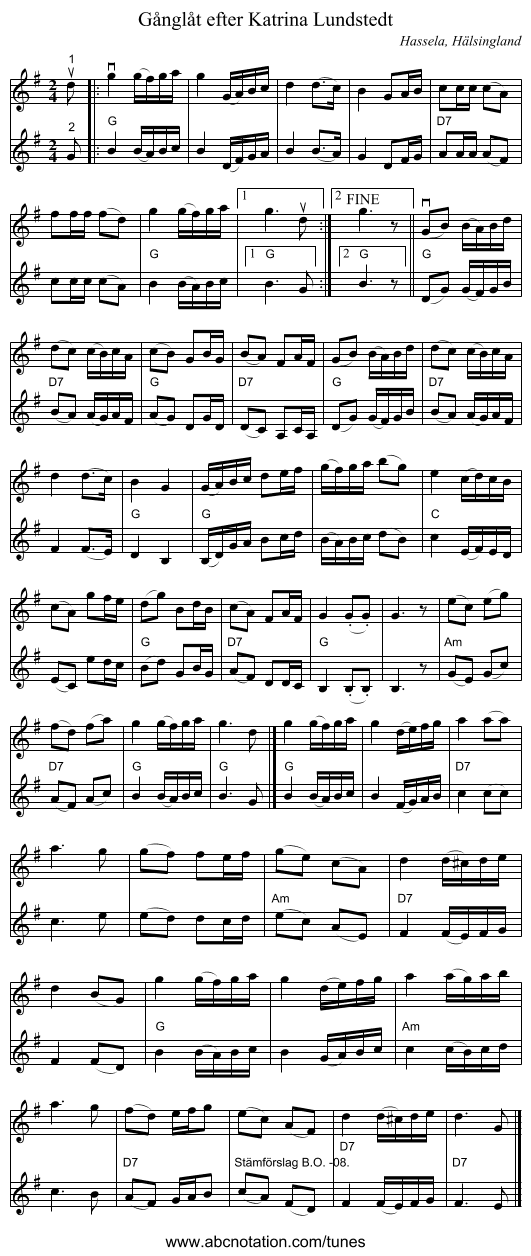 Gånglåt efter Katrina Lundstedt - staff notation
