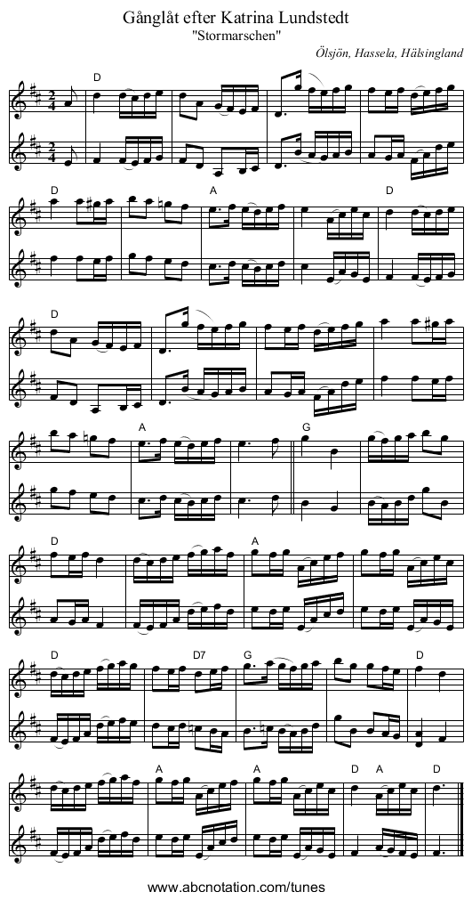 Gånglåt efter Katrina Lundstedt - staff notation