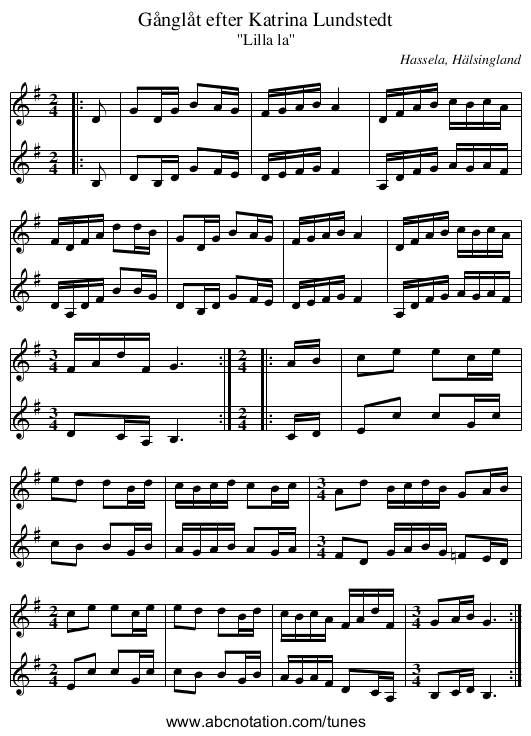 Gånglåt efter Katrina Lundstedt - staff notation
