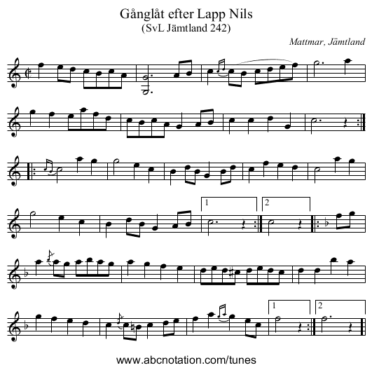 Gånglåt efter Lapp Nils - staff notation