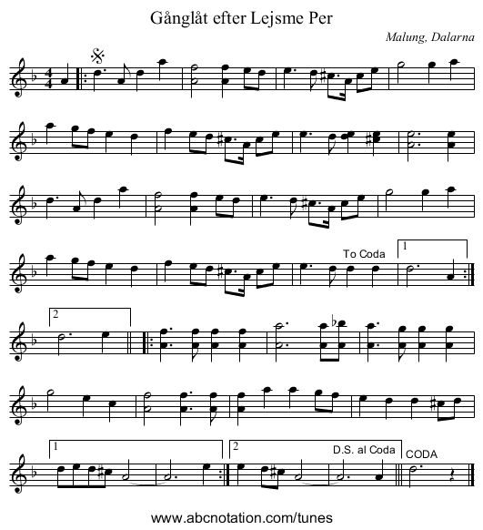 Gånglåt efter Lejsme Per - staff notation