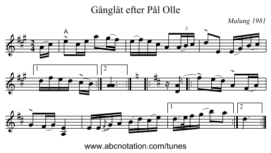 Gånglåt efter Pål Olle - staff notation