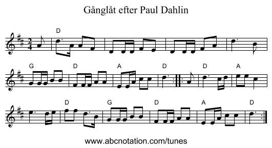 G&aring;ngl&aring;t efter Paul Dahlin - staff notation
