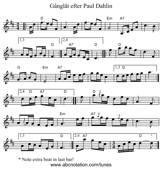 G&aring;ngl&aring;t efter Paul Dahlin - staff notation