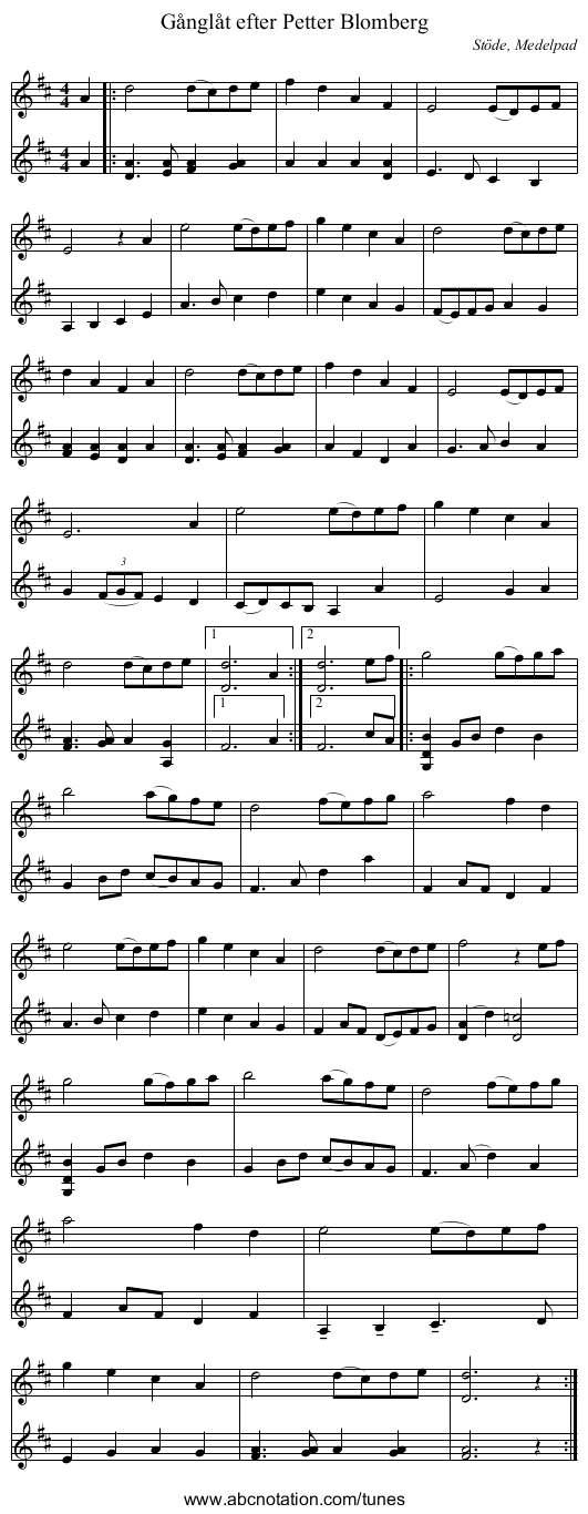 Gånglåt efter Petter Blomberg - staff notation