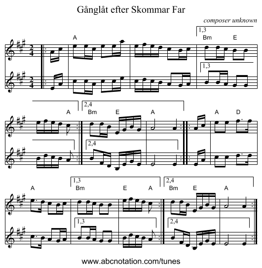 Gånglåt efter Skommar Far - staff notation