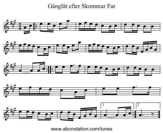 Gånglåt efter Skommar Far - staff notation