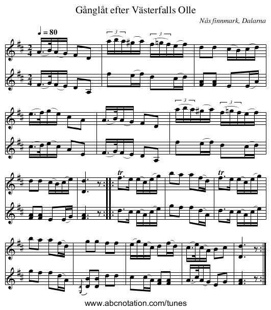 Gånglåt efter Västerfalls Olle - staff notation