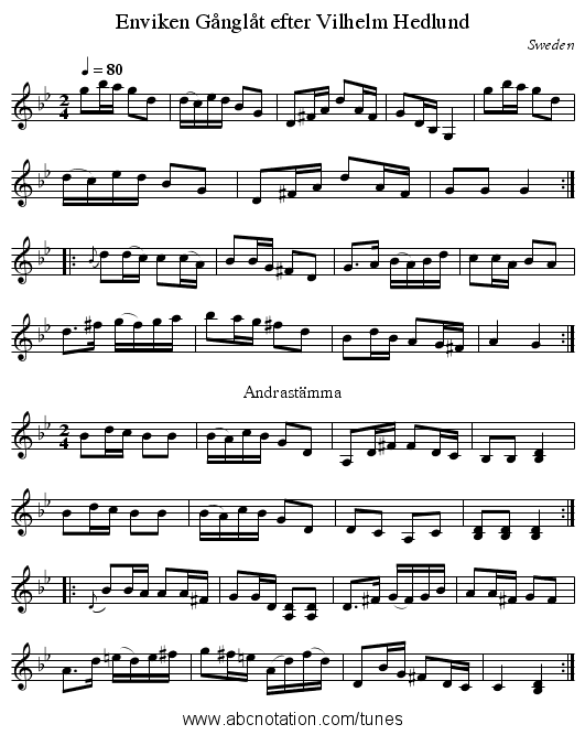 Gånglåt efter Vilhelm Hedlund, Enviken - staff notation