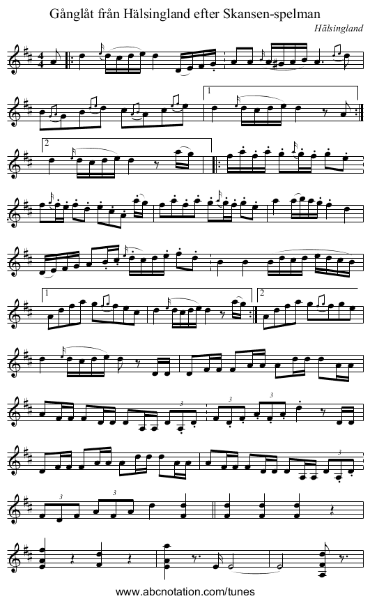 Gånglåt från Hälsingland efter Skansen-spelman - staff notation
