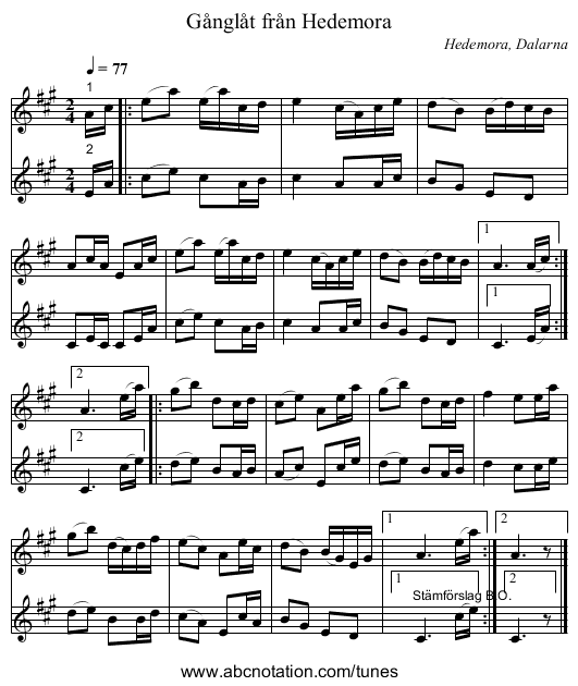 Gånglåt från Hedemora - staff notation