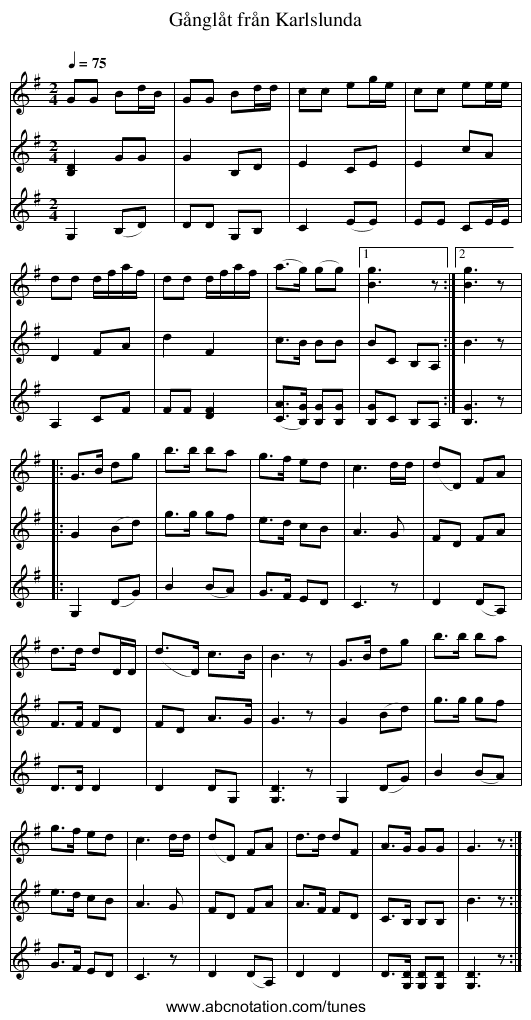 Gånglåt från Karlslunda - staff notation