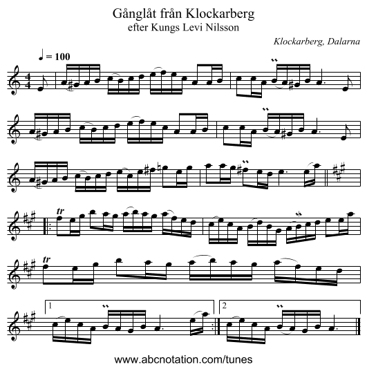 Gånglåt från Klockarberg - staff notation