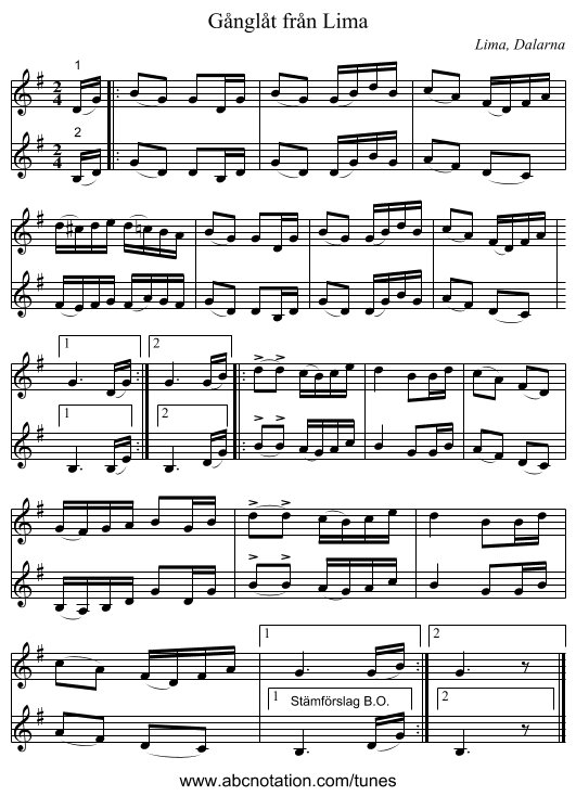 Gånglåt från Lima - staff notation