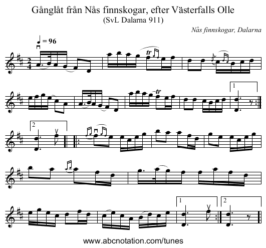 Gånglåt från Nås finnskogar, efter Västerfalls Olle - staff notation