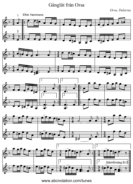 Gånglåt från Orsa - staff notation