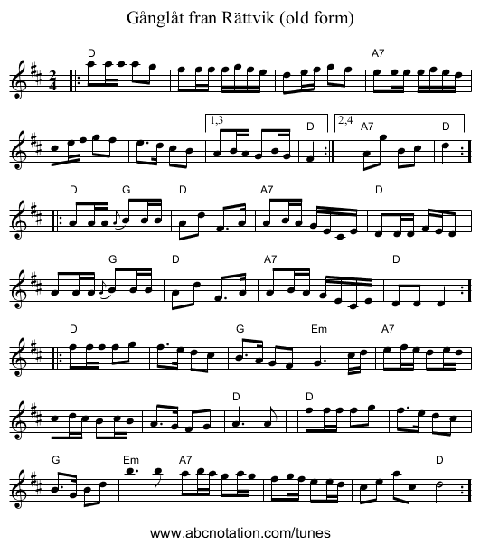 Gånglåt frän Rättvik (old form) - staff notation