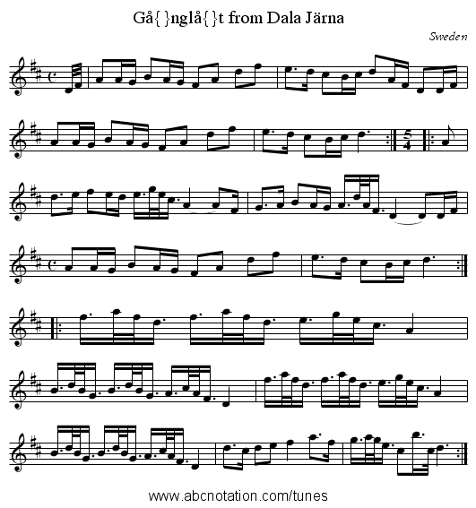 G&aring;ngl&aring;t from Dala J&auml;rna - staff notation