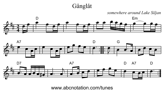 G&aring;ngl&aring;t - staff notation