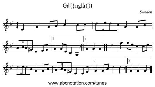 G&aring;ngl&aring;t - staff notation