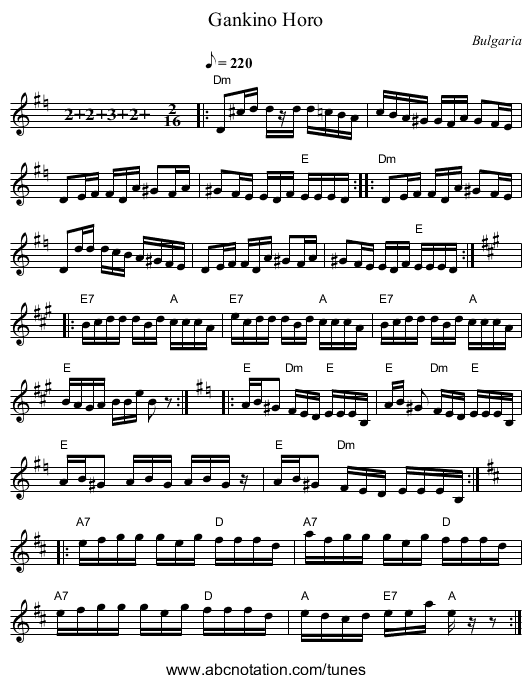 Gankino Horo - staff notation