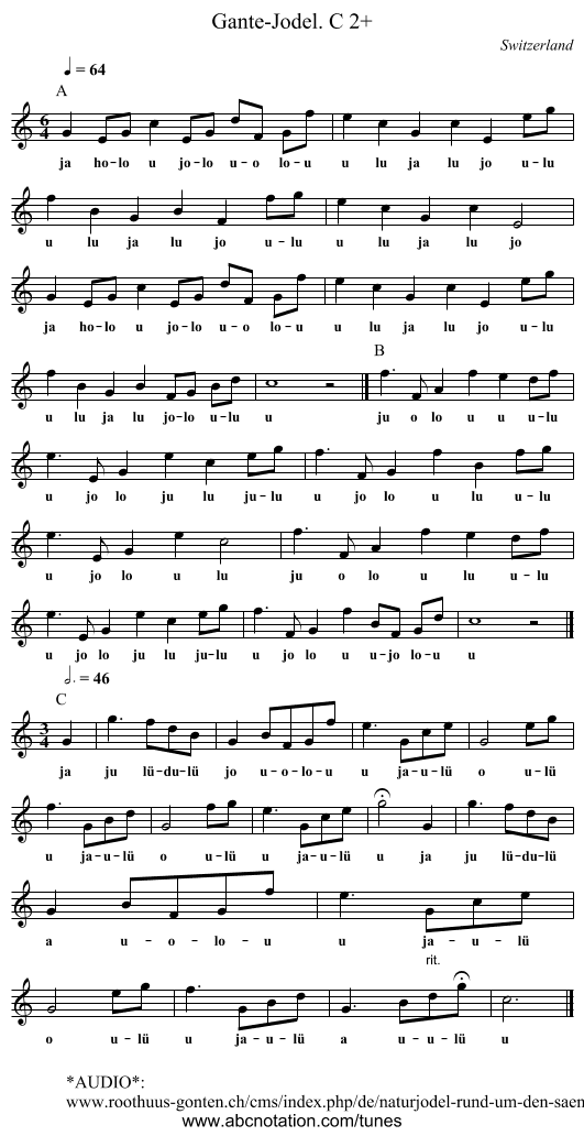 Gante-Jodel. C 2+ - staff notation
