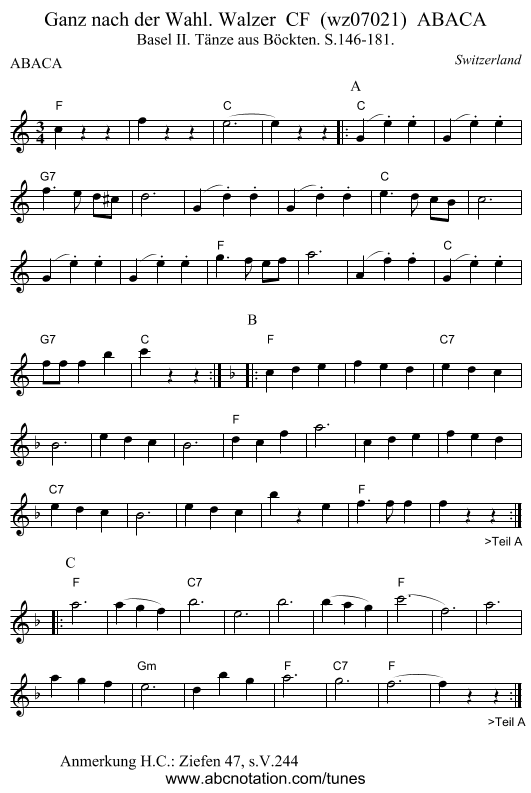 Ganz nach der Wahl. Walzer CF (wz07021) ABACA - staff notation