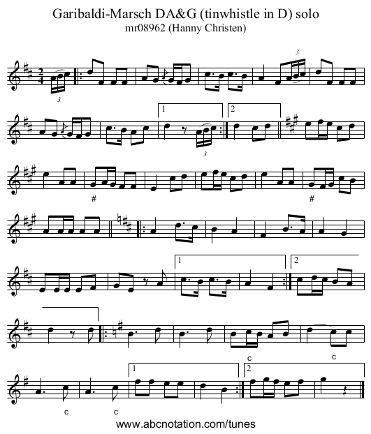 Garibaldi-Marsch DA&G (tinwhistle in D) solo - staff notation