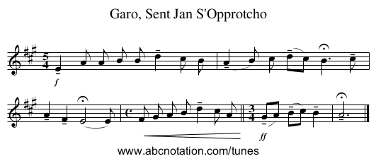 Garo, Sent Jan S'Opprotcho - staff notation