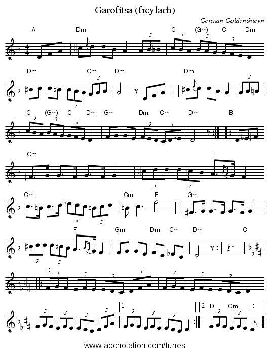 Garofitsa (freylach) - staff notation