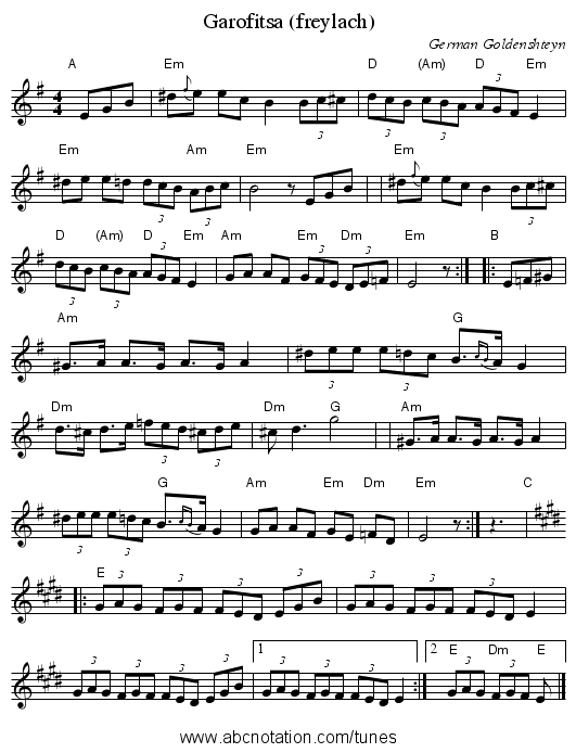 Garofitsa (freylach) - staff notation
