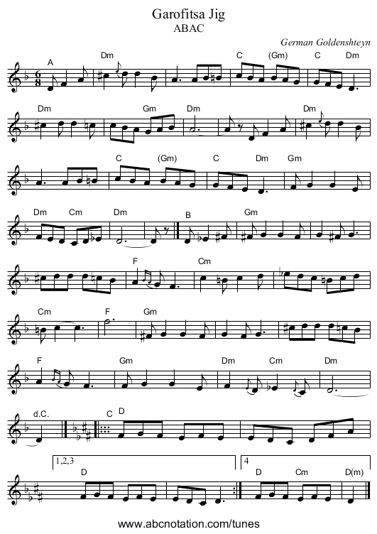 Garofitsa Jig - staff notation