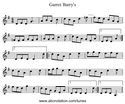 Garret Barry's - staff notation